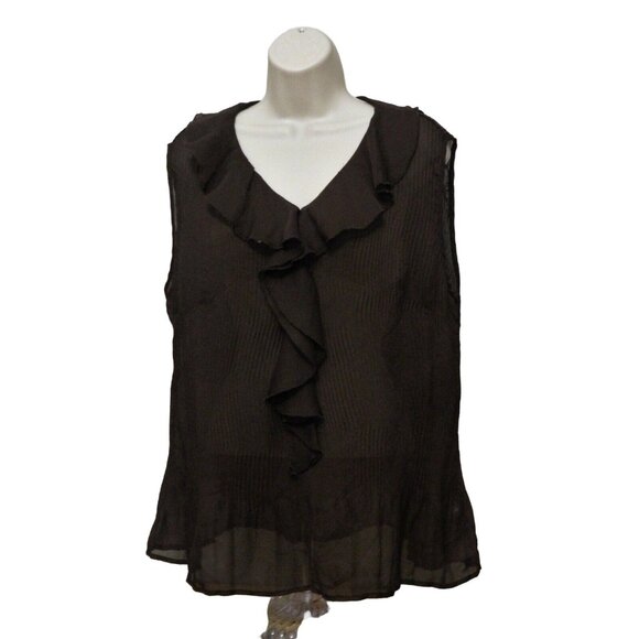 Christopher & Banks Tops - Christopher & Banks Ruffled Top L Dark Brown Sheer Pleated Sleeveless